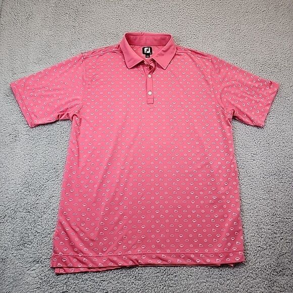 FootJoy Polo Shirt Mens Large Golf Pink Sun Rain Clouds Weather Print NO LOGOS - Picture 1 of 9
